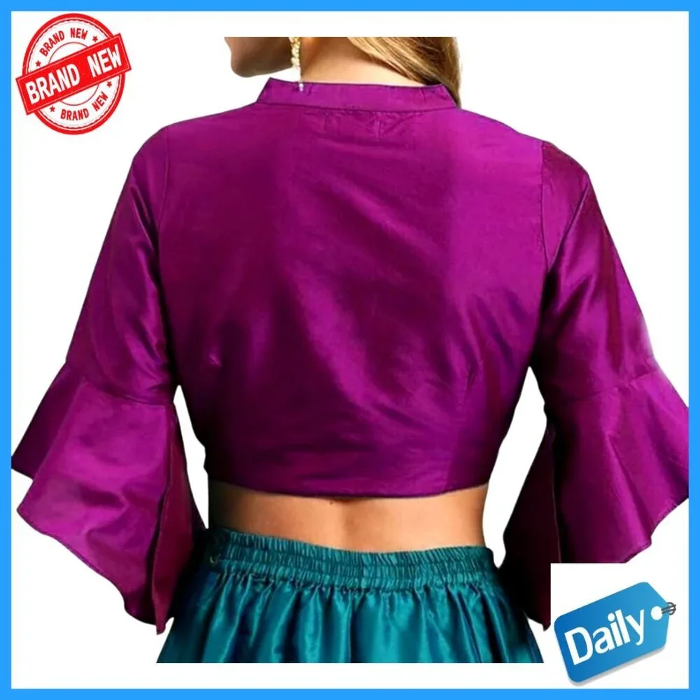 Girls Dupion Silk Blouse Band Collar Bell Sleeves Side Zipper Choli